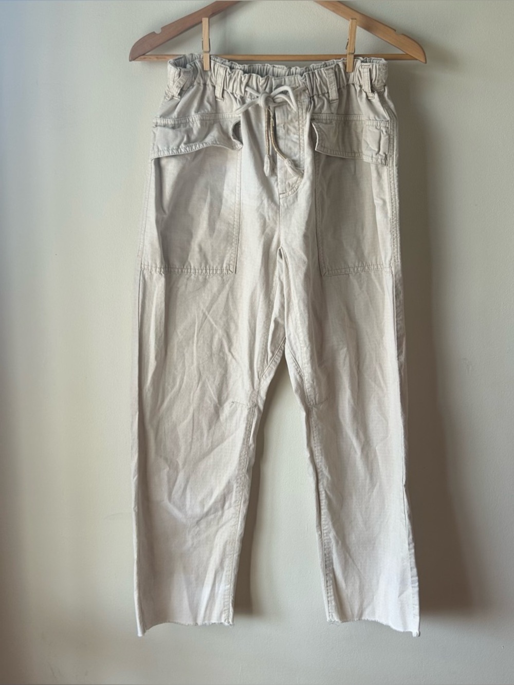 Free People Button Fly White Cream Drawstring Barrel Pants Raw Ham Small